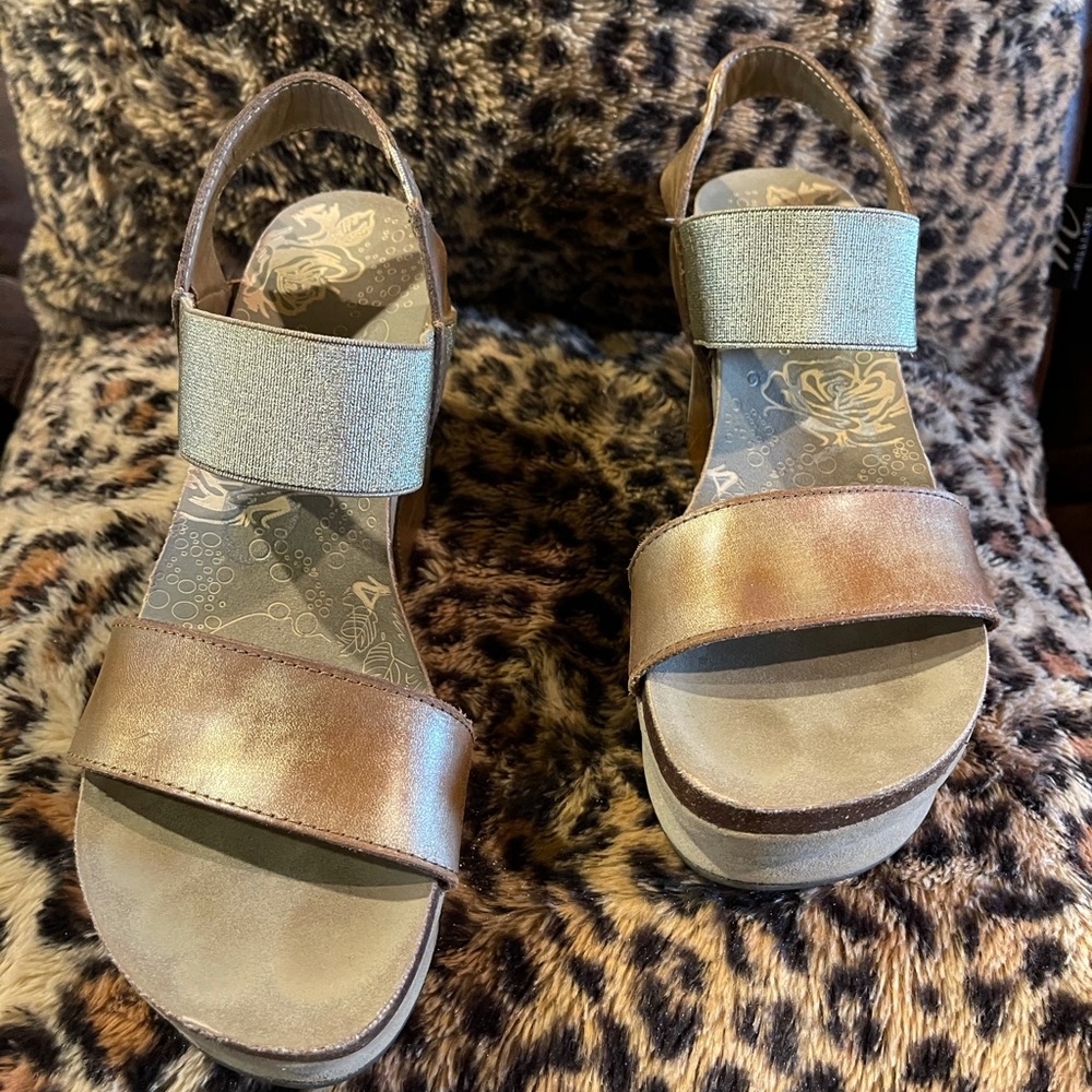 OBT platform shoes. Tan and Gold in color.